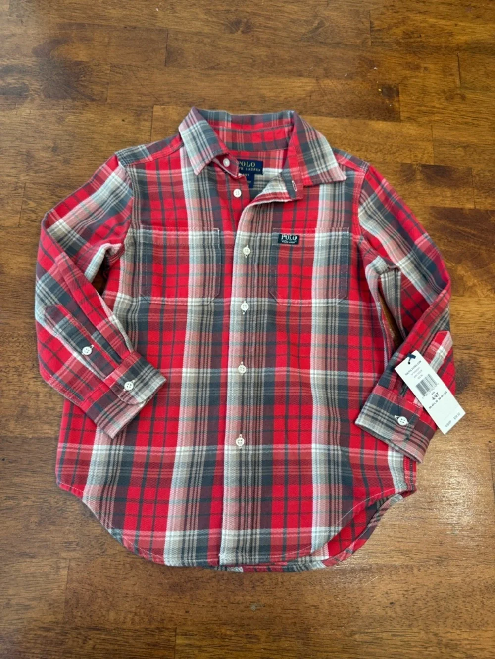 NWT Polo Ralph Lauren Red and Gray Plaid Button-Down Shirt for Kids size 4/4T